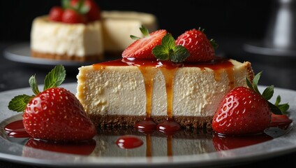 Rich cheesecake slice on a plate adorned with fresh strawberries and mint Golden caramel sauce drips down the sides