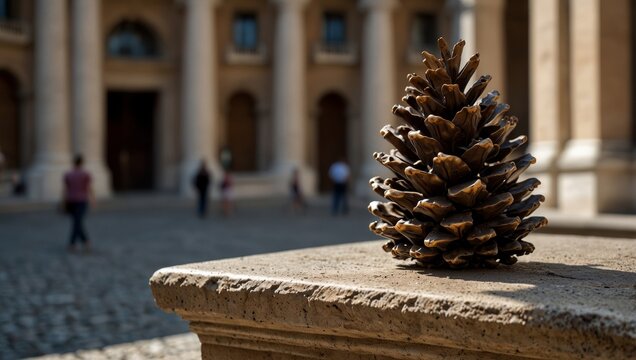 Sunlit pinecone on a weathered stone ledge with a blurred classical building and walking figures behind it