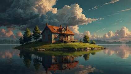 Fototapeta premium Rustic house with a red roof on a small grassy island in a calm lake reflecting under a dramatic sky with fluffy clouds