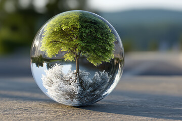 Tree inside glass ball representing summer and winter seasons