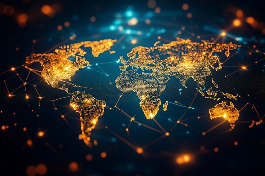 Blockchain grid world map showcasing peer-to-peer network connections on a blue backdrop - Powered by Adobe