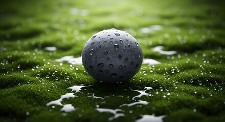 A serene gray sphere with rain droplets on a lush green lawn