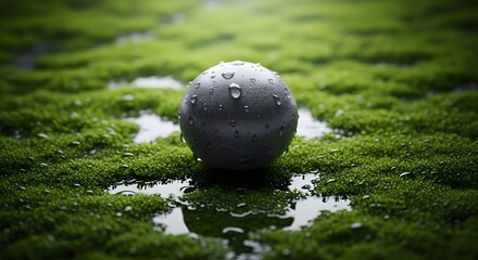 Glistening Dark Sphere with Water Droplets on Verdant Mossy Ground