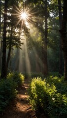 Fototapeta premium Radiant sunbeams penetrate a dense forest canopy illuminating a winding dirt path lined with vibrant green foliage