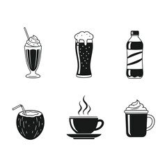 Hand drawn black and white beverage icons set for drinks and refreshments