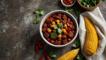Hearty bowl of beef chili with corn peppers and cilantro Corn cobs red peppers dark rustic surface