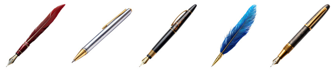 Naklejka premium Assorted Writing Instruments with Quill Pen and Modern Pens, PNG bundle collection, Isolated on Transparent Background