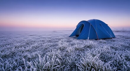 Blue tent on frosty grass field during early morning sunrise