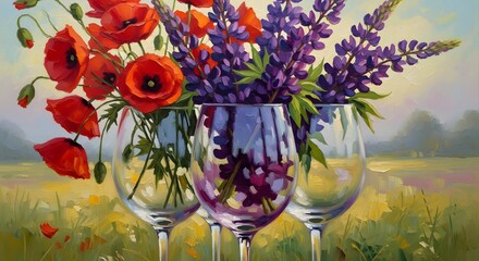 Artistic Still Life Painting of Colorful Summer Flowers in Wine Glasses in a Meadow