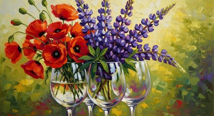 Vibrant Bouquet of Poppies and Lupines in Wine Glasses