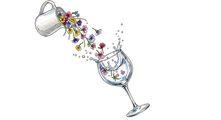Vibrant Floral Cascade into Refreshing Water Glass A Whimsical Drink Illustration