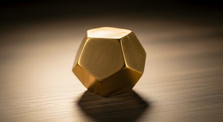 Luminous Golden Geometric Polyhedron Object Illuminating a Wooden Surface with Soft Light