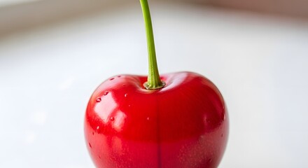 Vibrant Red Cherry with Fresh Green Stem and Water Droplets, Healthy Snack