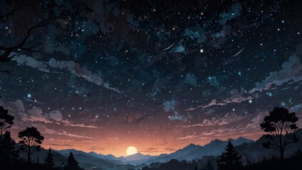 Vast dark sky filled with countless stars colorful clouds and visible shooting stars above a mountainous landscape