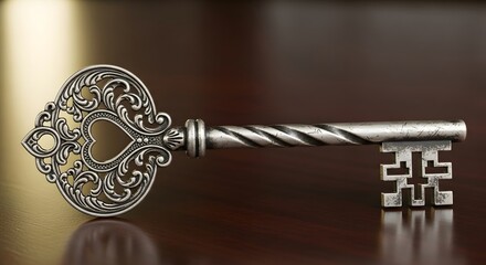 Ornate antique silver key with a heart-shaped design on a wooden surface