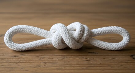 A figure-eight knot tied with a white rope on a wooden background