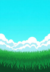 Obraz premium Vibrant abstract watercolor painting of lush green field under a bright blue sky with fluffy white clouds