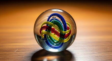 Colorful Swirls Encased in a Clear Glass Sphere on a Wooden Surface