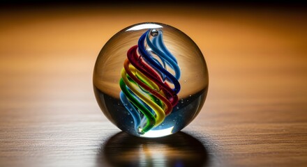 Mesmerizing Glass Orb with Bright Swirling Colors on a Wooden Surface