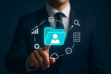 Digital Business Innovation Concept – Professional Using Technology Interface with Data and Communication Icons