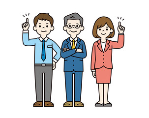 上に向かって指さしをする、ビジネスチームの全身ベクターイラスト素材セット＿カラー