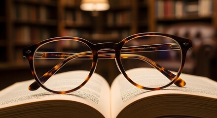 Eyeglasses Resting on an Open Book in a Library Setting