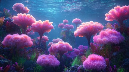 Obraz premium Vibrant coral reef with pink coral formations, viewed from underwater