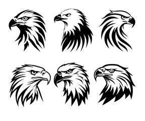 Illustration set of eagle heads detailed line art bold avian graphics for emblems and decals