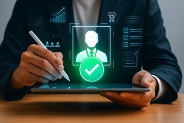 Digital Identity Verification Concept with Businessman Using Tablet and Glowing Interface – Secure Data Management Design