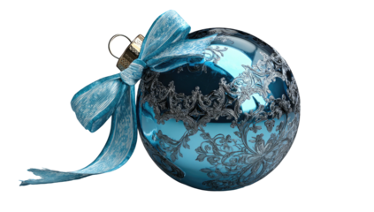 Blue Christmas ornament with silver design and bow on black background