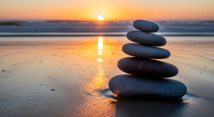 Zen Stones on Beach at Sunset for Peace and Balance