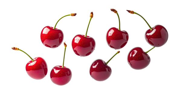 Glossy red cherries with green stems against black background - Powered by Adobe