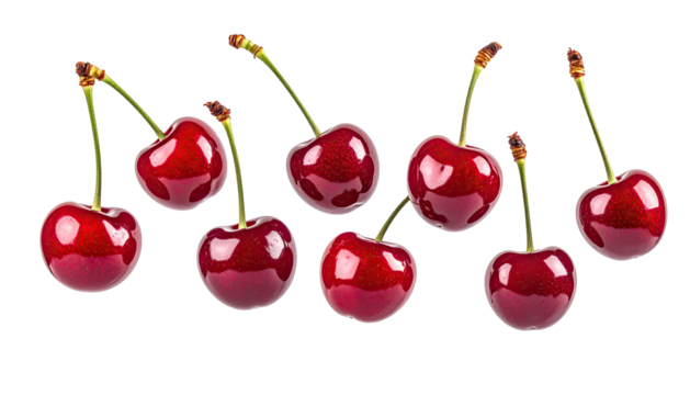 Bright glossy cherries in a horizontal row on black background