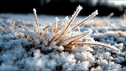 A close-up showcases frosted grass blades, glistening in the sunlight, revealing intricate ice crystal formations - Powered by Adobe