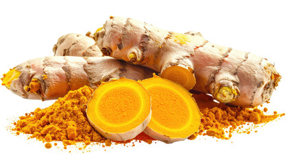 Turmeric rhizome with sliced pieces and powdered form is displayed