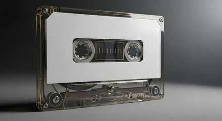 Transparent audio cassette tape on a dark background