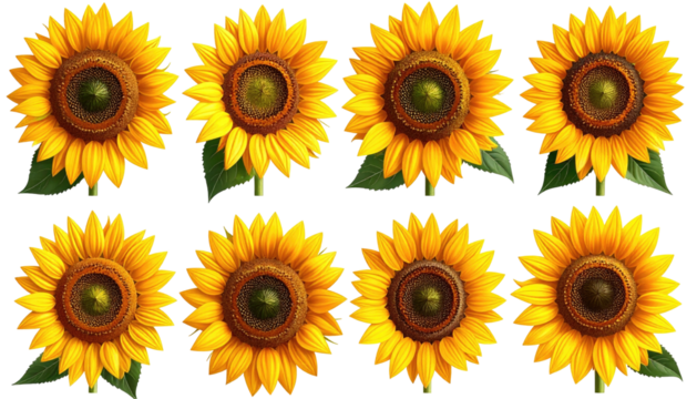 Eight sunflowers displayed evenly, bright petals against dark background