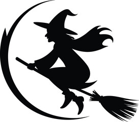 Silhouette flying witch on broomstick with crescent moon magical Halloween night fantasy horror illustration for spooky seasonal design