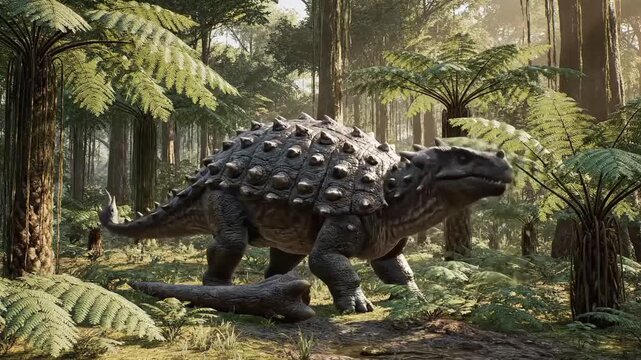 Armored ankylosaurus dinosaur walking through a prehistoric forest