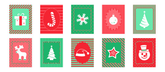 Christmas icon in whimsical cute frame, winter holiday bachelorette border. Xmas tree, Santa Claus hat, gift box, reindeer, snowflake. Vector illustration