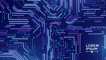 Blue Digital Circuit Trace Lines Technology Background. Abstract Digital Tech Bg. Electronics and Computer Technology Concept. Chip And Circuit Board. Vector Illustration. Chip Connectors.
