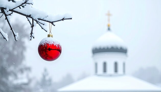 Snow-Covered Church Dome With Red Christmas Ornament