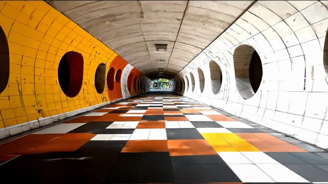 A long, tiled tunnel with alternating yellow, orange, and white walls; a checkered floor leads to a bright, blurry end