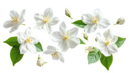 White flowers with green leaves floating on a black backdrop