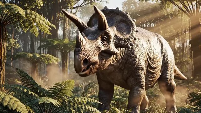 Triceratops standing in a prehistoric jungle scene