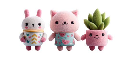Cute plush toys featuring a bunny, cat, and succulent plant against a bright background