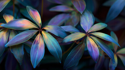 Fototapeta premium Close-up of vibrant, multicolored leaves with a glossy texture. The leaves display shades of blue, green, and purple, creating a striking visual effect.