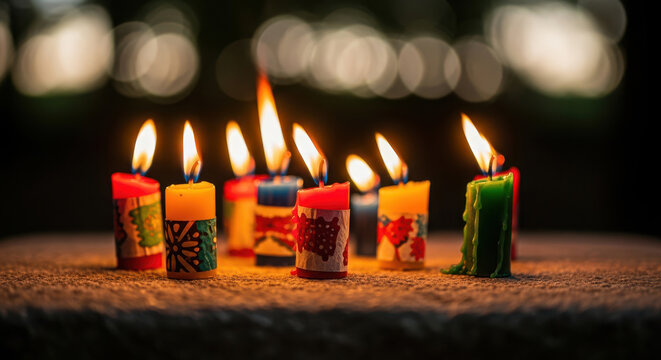 Candles lit for dia de las velitas celebration warm glow flickering flames festive atmosphere