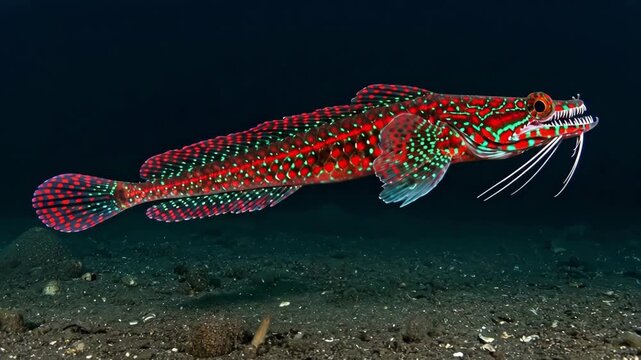 Vibrant dragonet fish with red  green spots hovers above seabed in dark ocean setting