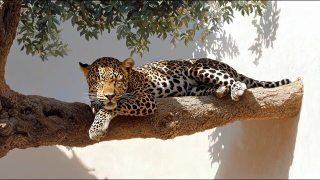 A resting leopard sprawls on a weathered tree branch, shadowed by foliage and a textured wall. Sunlight casts shadows